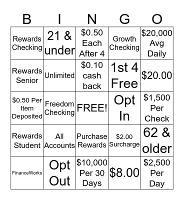 Personal Banking Product Bingo Card