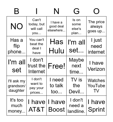 Objection Bingo Card