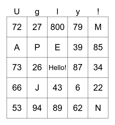 Numbers and Letters Bingo Card