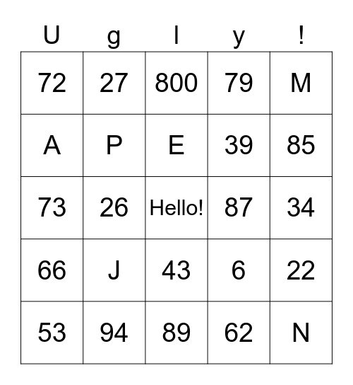 Numbers and Letters Bingo Card