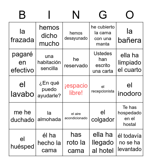 En el hotel (y pretérito perfecto) Bingo Card