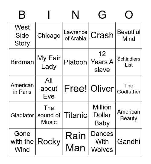 Oscar Bingo Card