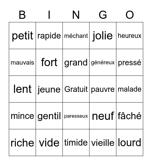 Les Adjectifs Bingo Card