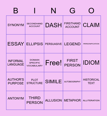 PSSA ELA PREP Bingo Card