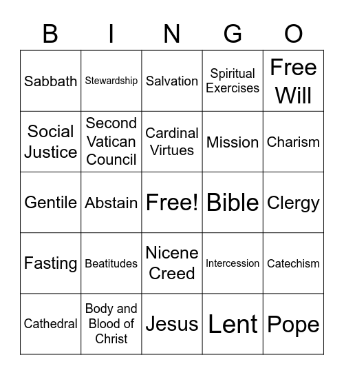 Eighth Grade Faith Formation Bingo Card