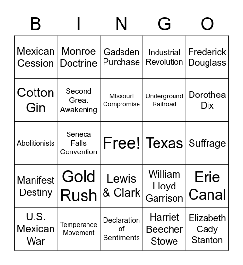 Westward Movement Bingo Card