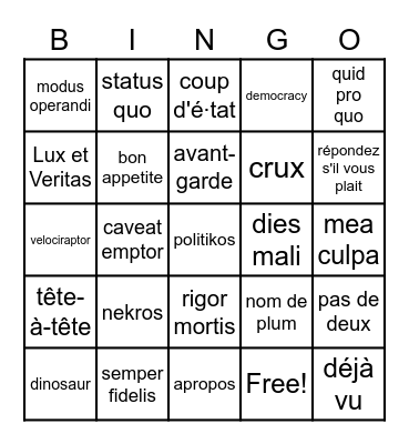 Foreign Terms Bingo Card