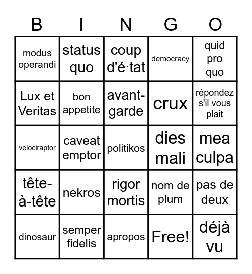 Foreign Terms Bingo Card