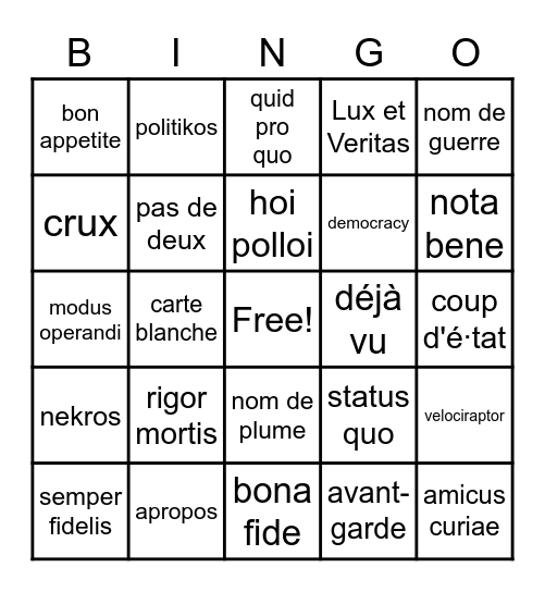 Foreign Terms Bingo Card