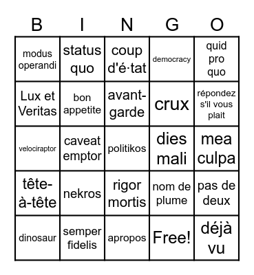 Foreign Terms Bingo Card