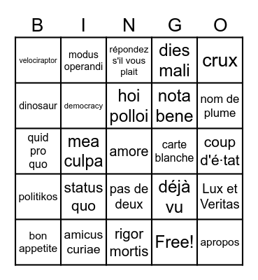 Foreign Terms Bingo Card