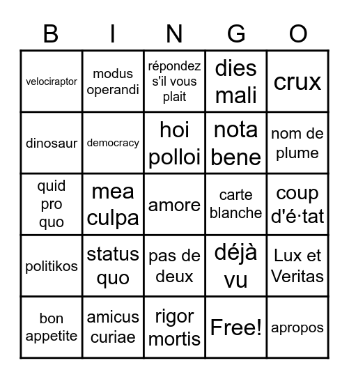 Foreign Terms Bingo Card