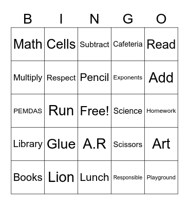 School Bingo Card