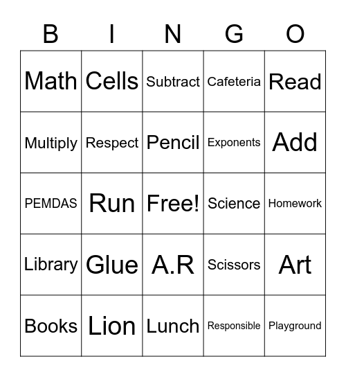 School Bingo Card