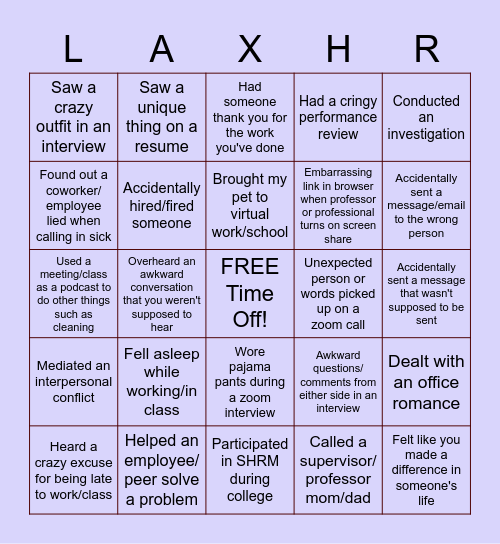 UWL SHRM End of the Year Party Bingo!! Bingo Card