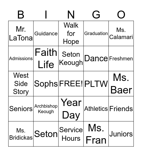 SKHS BINGO Card