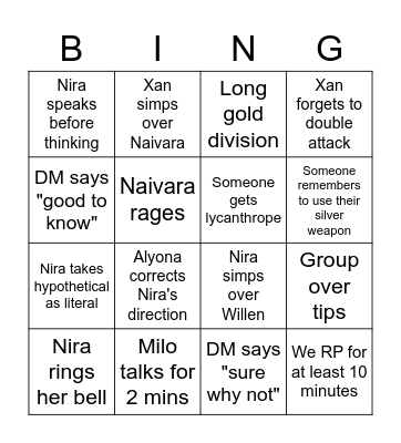 Shaun's DnD Campaign Bingo Card