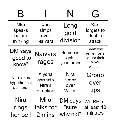 Shaun's DnD Campaign Bingo Card