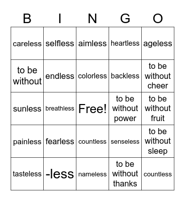 Suffix -less BINGO Card