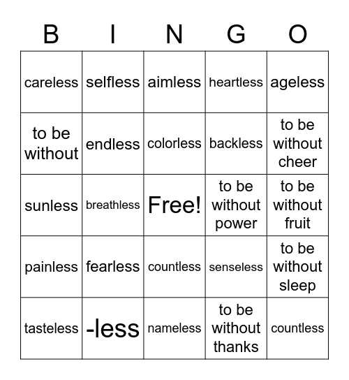 Suffix -less BINGO Card