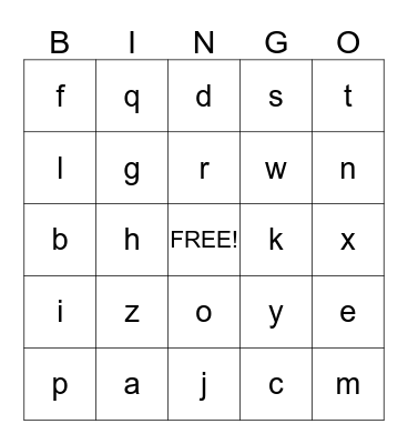 Lower Case Letters Bingo Card
