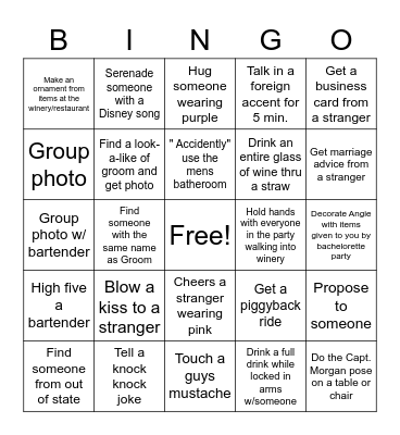 Bachelorette Party Bingo Card