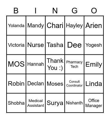 VCI Tri-Cities Employee Appriciation Bingo Card