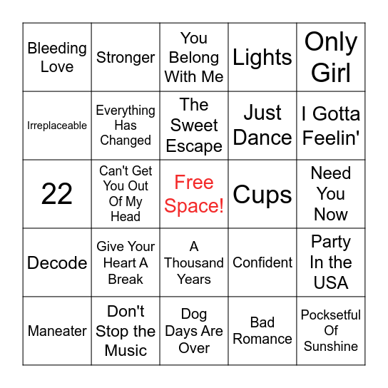 Girl Pop '08-'10 Bingo Card