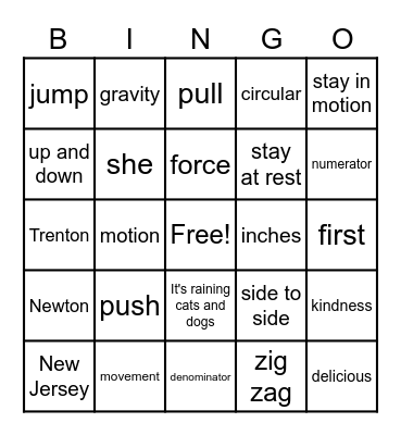 Force and Motion Bingo Card