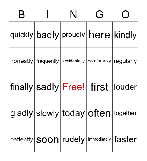 Adverb Bingo! Bingo Card