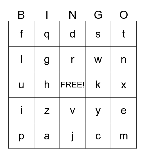 Lower Case Letters Bingo Card