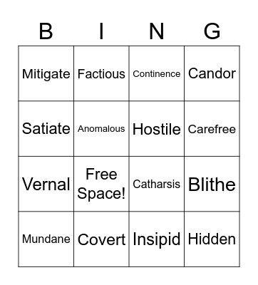 Vocabulary Eight Bingo Card