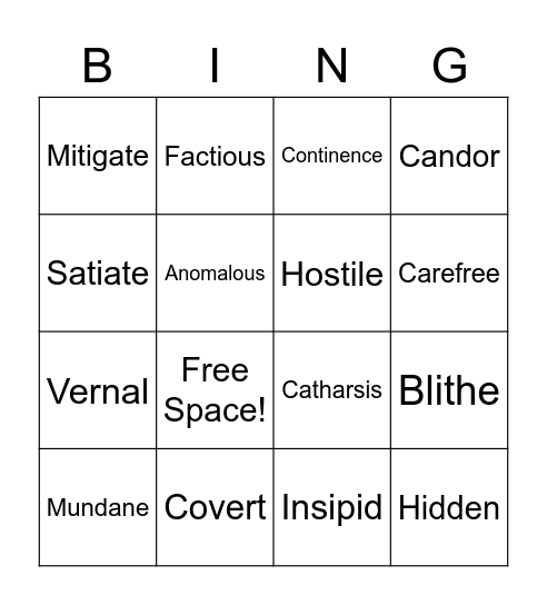 Vocabulary Eight Bingo Card