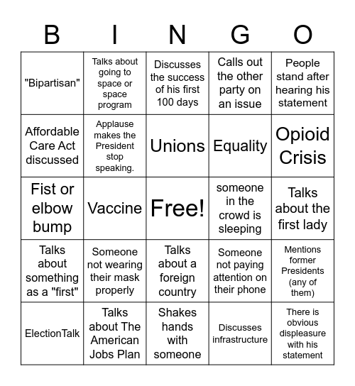 Presidential Address To Congress Bingo Card