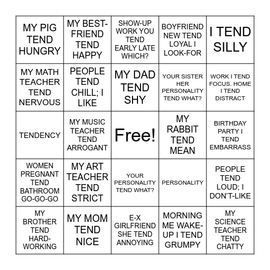 Personality Bingo Card