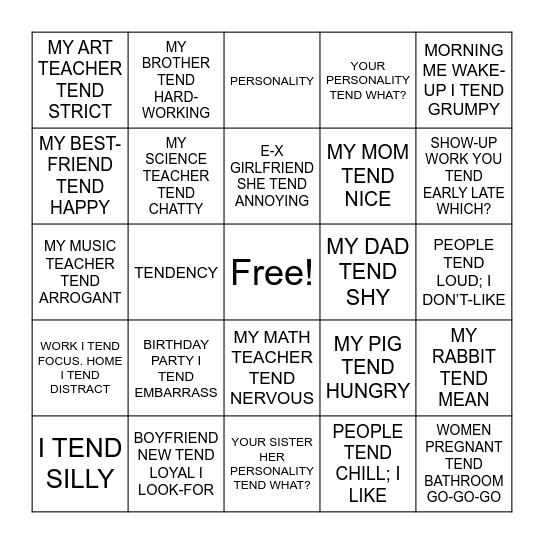 Personality Bingo Card