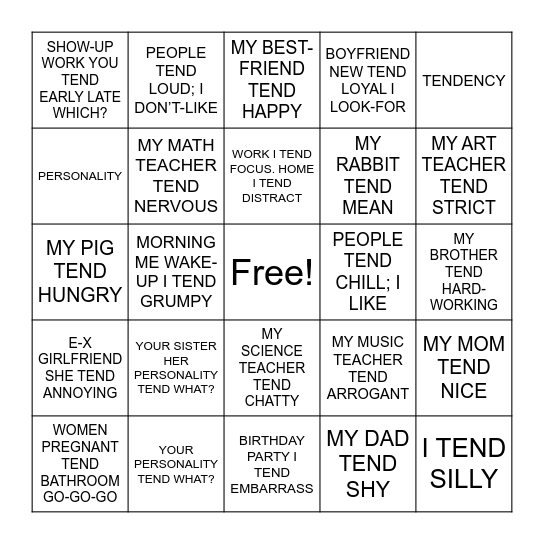 Personality Bingo Card