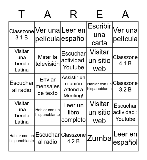Español 1 Bingo Card
