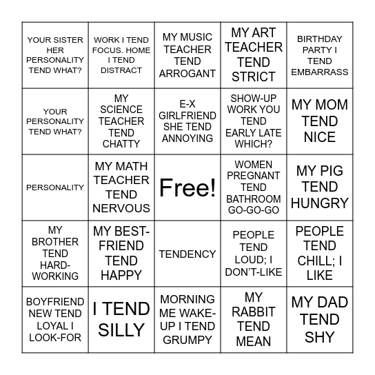 Personality Bingo Card