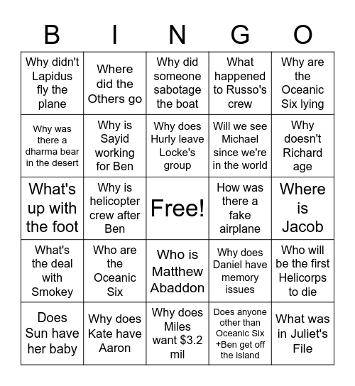 Lost Season 4 Questions Bingo Card