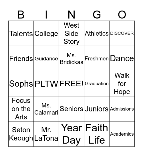 SKHS BINGO Card