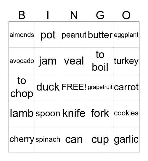 Comida Bingo Card