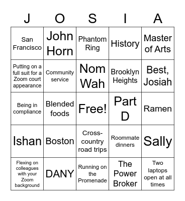 Goodbiah Josiah! Bingo Card