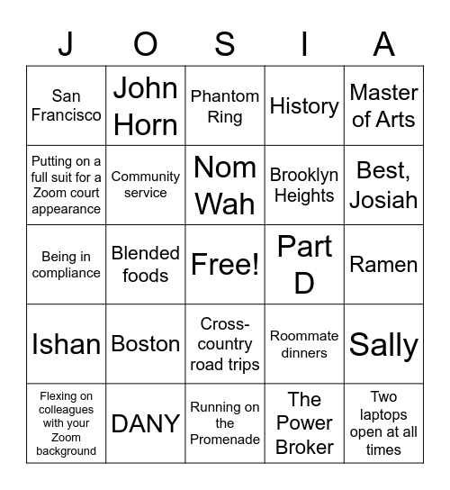 Goodbiah Josiah! Bingo Card