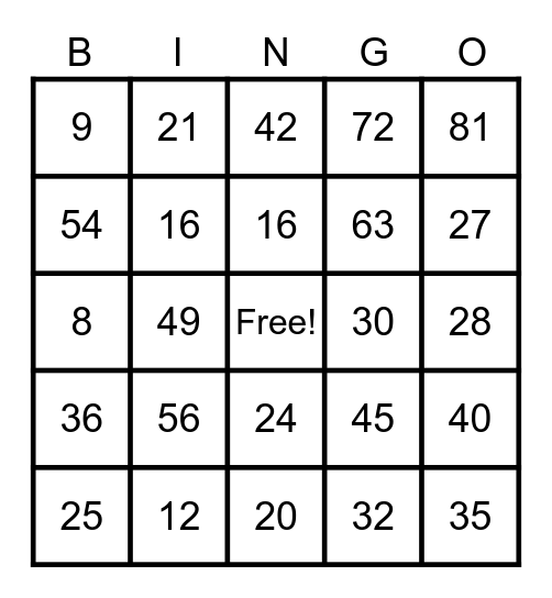Multiplication Bingo Card