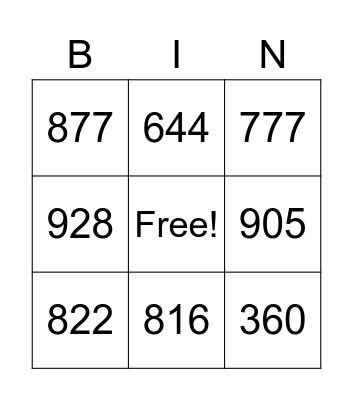 Three Digit Addition Bingo Card