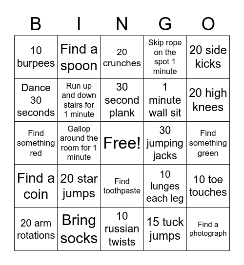 Fitness Bingo Card