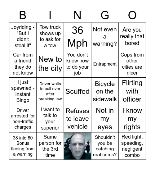 Traffic Bingo Card