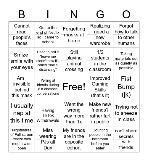 Ross Hybrid Awkwardness Bingo Card