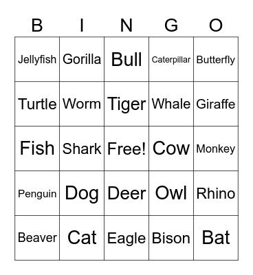 Animal Bingo Card